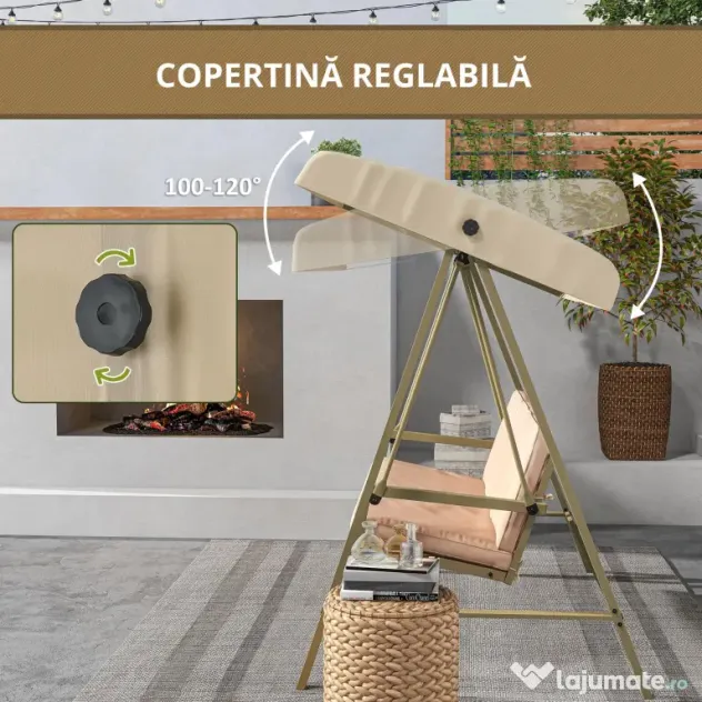 Outsunny Scaun Balansoar de Grădină cu 3 Locuri, Bancă cu Copertină Reglabilă, Perne Detașabile și Cadru din Oțel, 200x125x175 cm, Bej | Aosom Romania
