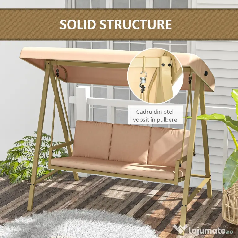 Outsunny Scaun Balansoar de Grădină cu 3 Locuri, Bancă cu Copertină Reglabilă, Perne Detașabile și Cadru din Oțel, 200x125x175 cm, Bej | Aosom Romania