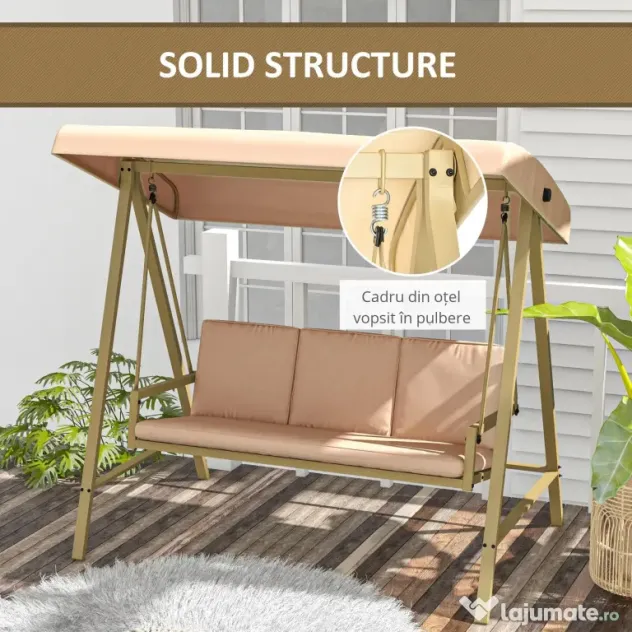 Outsunny Scaun Balansoar de Grădină cu 3 Locuri, Bancă cu Copertină Reglabilă, Perne Detașabile și Cadru din Oțel, 200x125x175 cm, Bej | Aosom Romania