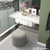HOMCOM Taburet otoman rotund cu capac rabatabil stil tava, Taburet cu material similar inului, Masuta de cafea cu spatiu ascuns de depozitare