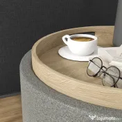 HOMCOM Taburet otoman rotund cu capac rabatabil stil tava, Taburet cu material similar inului, Masuta de cafea cu spatiu ascuns de depozitare
