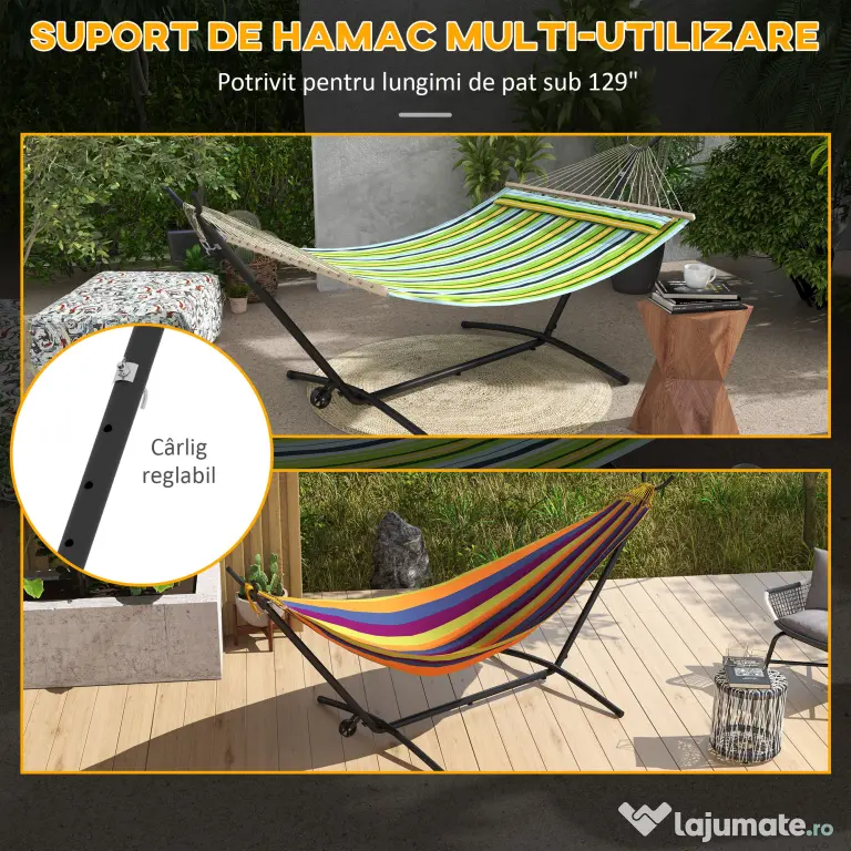 Outsunny Suport pentru hamac 9,5ft, Hamac portabil cu roti, Suport reglabil pentru plasa de hamac cu geanta de transport, pentru hamacuri stil plasa