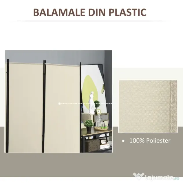 HOMCOM Paravan Decorativ Interior, 3 Panouri, Metal și Poliester, 253x50x182cm, Bej | Aosom Romania