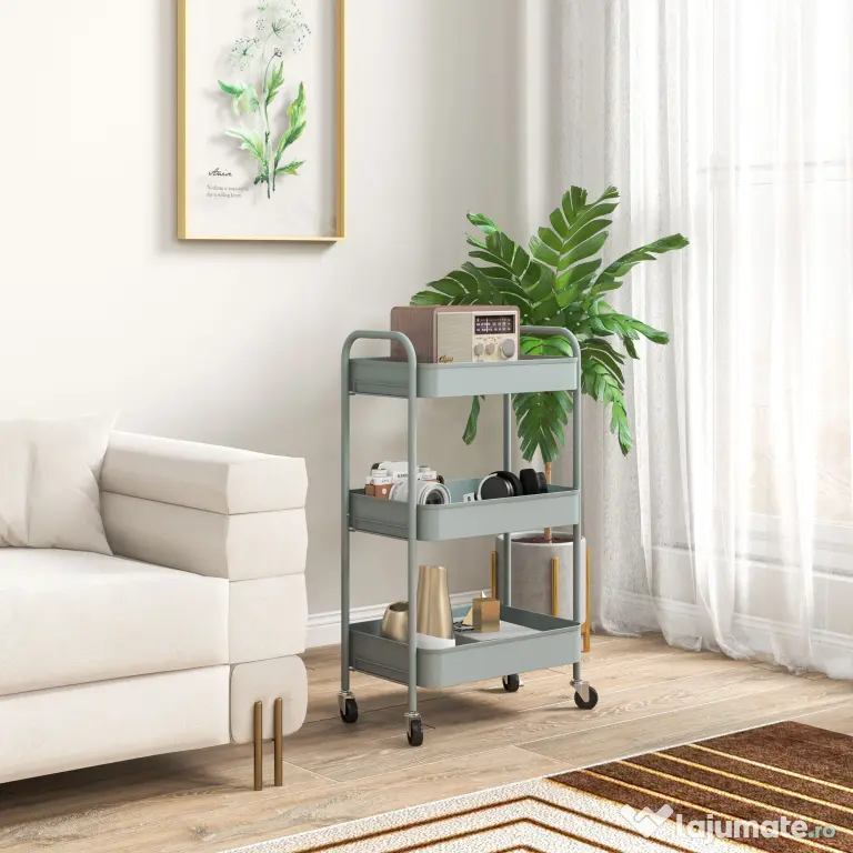 HOMCOM Cărucior de Bucătărie cu 3 Niveluri, Mânere și 4 Rotile, 45x30,6x79 cm, Albastru Deschis | Aosom Romania