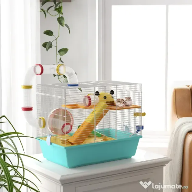 PawHut Cușcă pentru Hamsteri cu Roată, Căsuță, Bol, Rampe și Recipent Apă, Cușcă pentru Gerbili din Oțel, PS și PP, 45x28x37 cm, Alb și Albastru | Aosom Romania