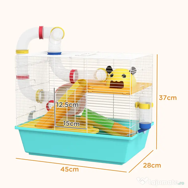 PawHut Cușcă pentru Hamsteri cu Roată, Căsuță, Bol, Rampe și Recipent Apă, Cușcă pentru Gerbili din Oțel, PS și PP, 45x28x37 cm, Alb și Albastru | Aosom Romania