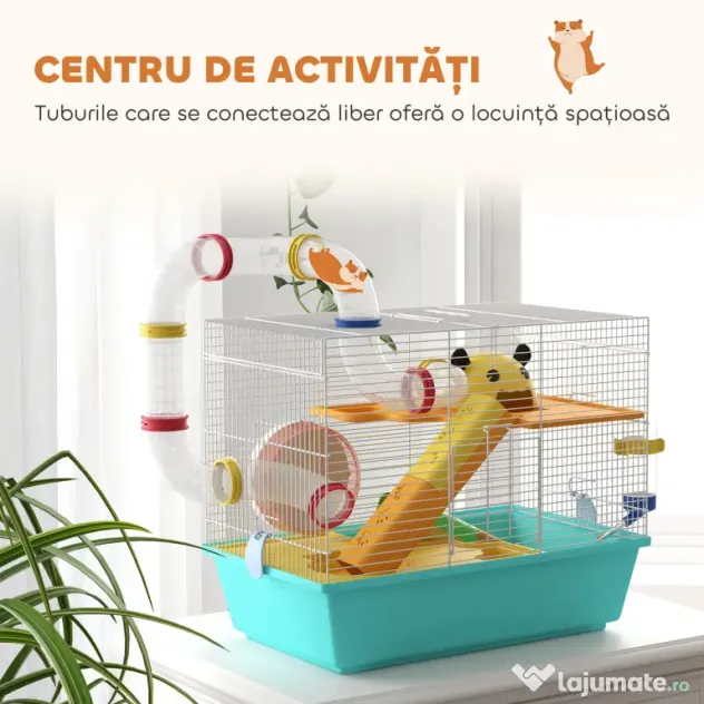 PawHut Cușcă pentru Hamsteri cu Roată, Căsuță, Bol, Rampe și Recipent Apă, Cușcă pentru Gerbili din Oțel, PS și PP, 45x28x37 cm, Alb și Albastru | Aosom Romania