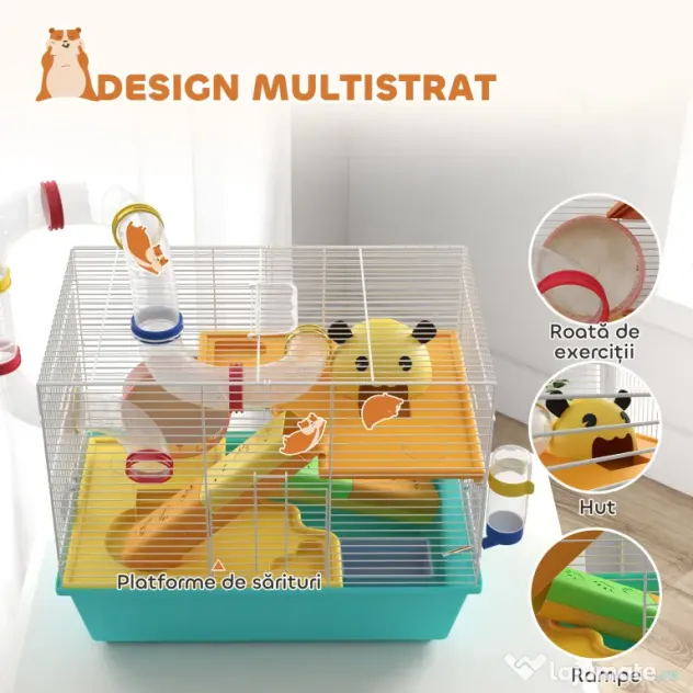 PawHut Cușcă pentru Hamsteri cu Roată, Căsuță, Bol, Rampe și Recipent Apă, Cușcă pentru Gerbili din Oțel, PS și PP, 45x28x37 cm, Alb și Albastru | Aosom Romania