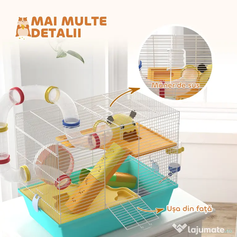PawHut Cușcă pentru Hamsteri cu Roată, Căsuță, Bol, Rampe și Recipent Apă, Cușcă pentru Gerbili din Oțel, PS și PP, 45x28x37 cm, Alb și Albastru | Aosom Romania