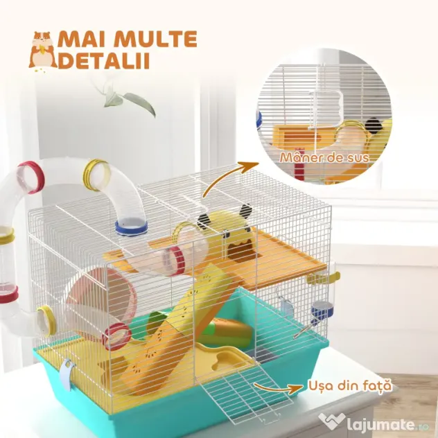 PawHut Cușcă pentru Hamsteri cu Roată, Căsuță, Bol, Rampe și Recipent Apă, Cușcă pentru Gerbili din Oțel, PS și PP, 45x28x37 cm, Alb și Albastru | Aosom Romania