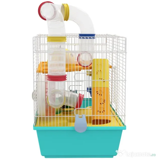 PawHut Cușcă pentru Hamsteri cu Roată, Căsuță, Bol, Rampe și Recipent Apă, Cușcă pentru Gerbili din Oțel, PS și PP, 45x28x37 cm, Alb și Albastru | Aosom Romania