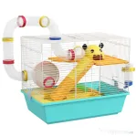 PawHut Cușcă pentru Hamsteri cu Roată, Căsuță, Bol, Rampe și Recipient Apă, Cușcă pentru Gerbili din Oțel, PS și PP, 45x28x37 cm, Alb și Albastru