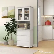 HOMCOM Bufet cu Cabină, Dulap de Bucătărie Independent cu Uși de Sticlă, 3 Sertare și Raft Reglabil, 68x38x172 cm, Alb | Aosom Romania 