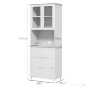 HOMCOM Bufet cu Cabină, Dulap de Bucătărie Independent cu Uși de Sticlă, 3 Sertare și Raft Reglabil, 68x38x172 cm, Alb | Aosom Romania 