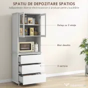 HOMCOM Bufet cu Cabină, Dulap de Bucătărie Independent cu Uși de Sticlă, 3 Sertare și Raft Reglabil, 68x38x172 cm, Alb | Aosom Romania 