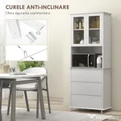 HOMCOM Bufet cu Cabină, Dulap de Bucătărie Independent cu Uși de Sticlă, 3 Sertare și Raft Reglabil, 68x38x172 cm, Alb | Aosom Romania 