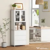 HOMCOM Bufet cu Cabină, Dulap de Bucătărie Independent cu Uși de Sticlă, 3 Sertare și Raft Reglabil, 68x38x172 cm, Alb | Aosom Romania 