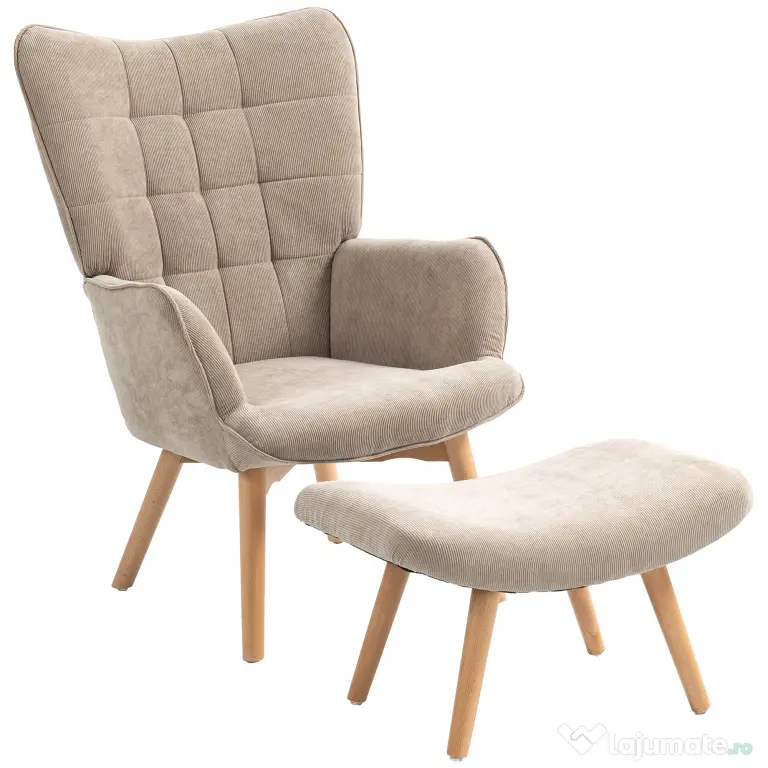 HOMCOM Fotoliu cu Taburet din Catifea cu Model Crestat , Spătar Înalt și Brațe, 72x80x101 cm, Bej | Aosom Romania