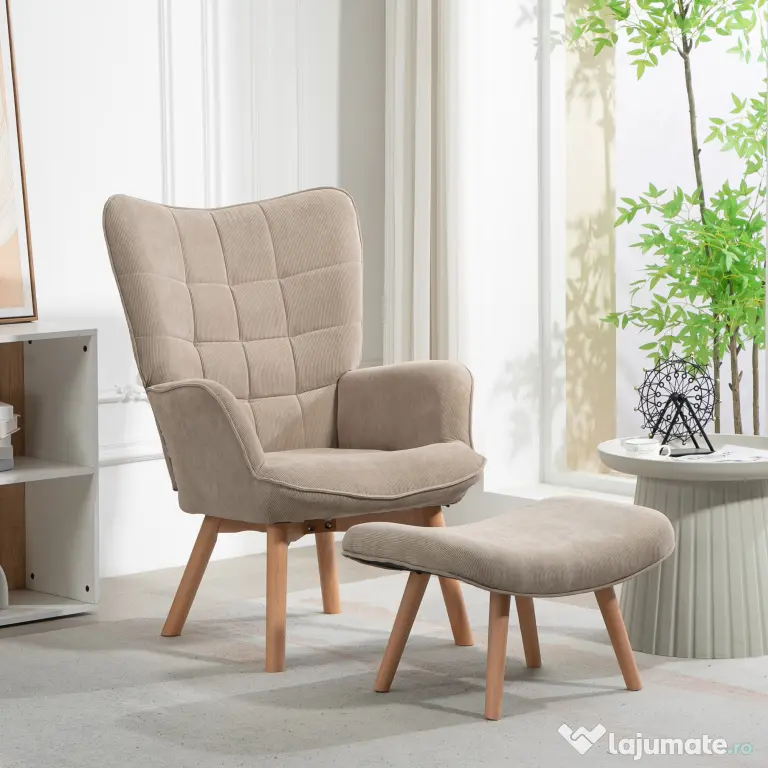 HOMCOM Fotoliu cu Taburet din Catifea cu Model Crestat , Spătar Înalt și Brațe, 72x80x101 cm, Bej | Aosom Romania