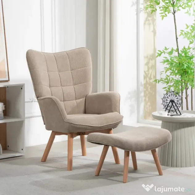 HOMCOM Fotoliu cu Taburet din Catifea cu Model Crestat , Spătar Înalt și Brațe, 72x80x101 cm, Bej | Aosom Romania