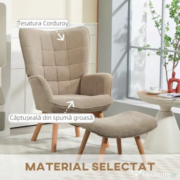 HOMCOM Fotoliu cu Taburet din Catifea cu Model Crestat , Spătar Înalt și Brațe, 72x80x101 cm, Bej | Aosom Romania