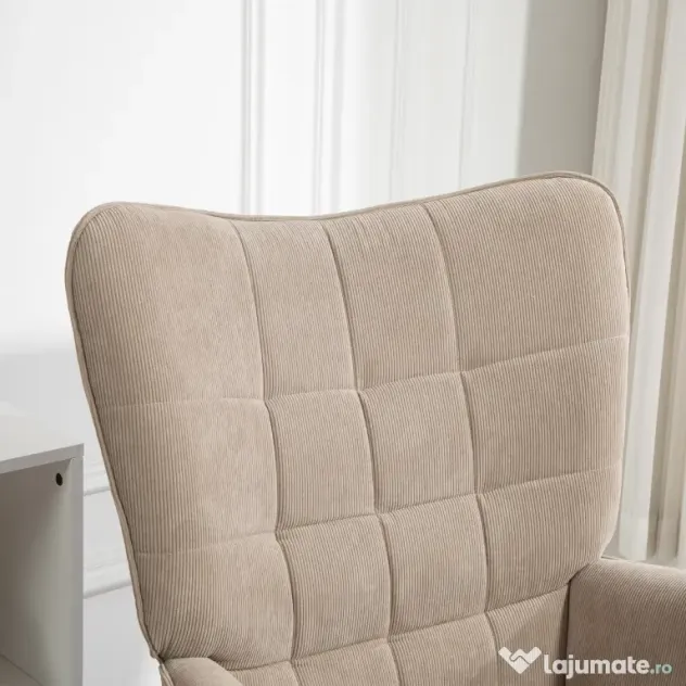 HOMCOM Fotoliu cu Taburet din Catifea cu Model Crestat , Spătar Înalt și Brațe, 72x80x101 cm, Bej | Aosom Romania