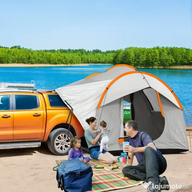 Outsunny Cort Auto Impermeabil cu 3 Uși și Geam din Plasă, Cort Exterior din Fibră de Sticlă, 2.4x2.1x2.1 m, Gri | Aosom Romania
