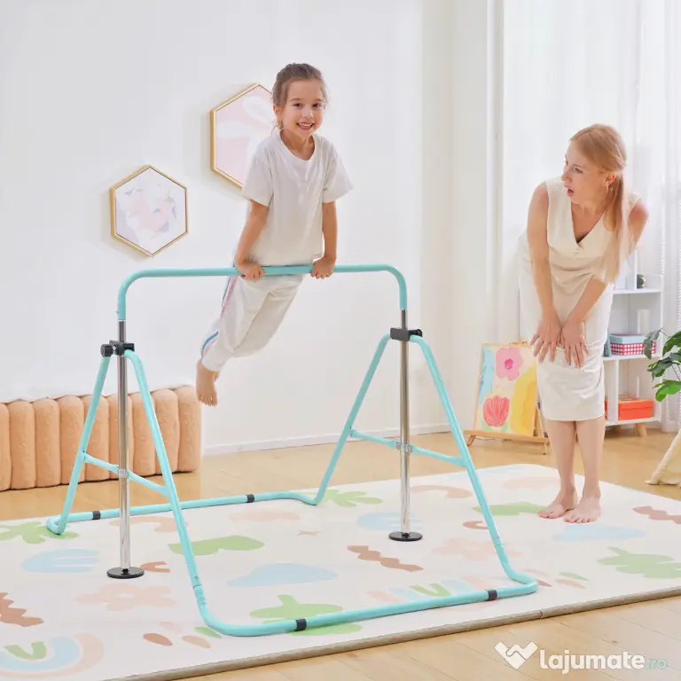 HOMCOM Bară Gimnastică Artistică pentru Copii 3+ Ani cu 5 Niveluri de Înălțime Reglabilă din Oțel, Verde | Aosom Romania