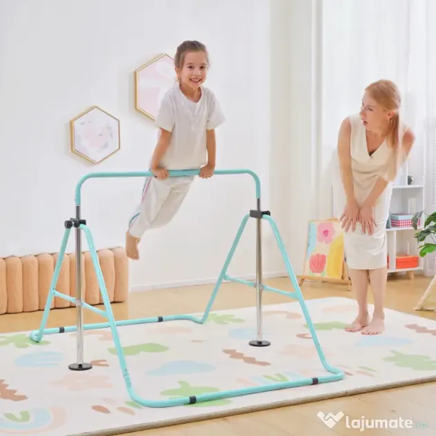 HOMCOM Bară Gimnastică Artistică pentru Copii 3+ Ani cu 5 Niveluri de Înălțime Reglabilă din Oțel, Verde | Aosom Romania