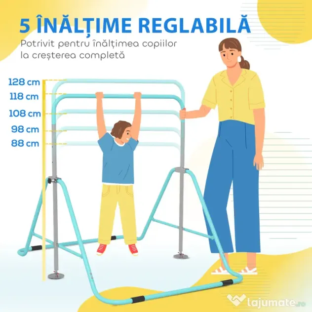 HOMCOM Bară Gimnastică Artistică pentru Copii 3+ Ani cu 5 Niveluri de Înălțime Reglabilă din Oțel, Verde | Aosom Romania