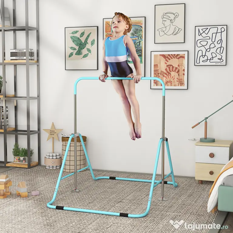 HOMCOM Bară Gimnastică Artistică pentru Copii 3+ Ani cu 5 Niveluri de Înălțime Reglabilă din Oțel, Verde | Aosom Romania