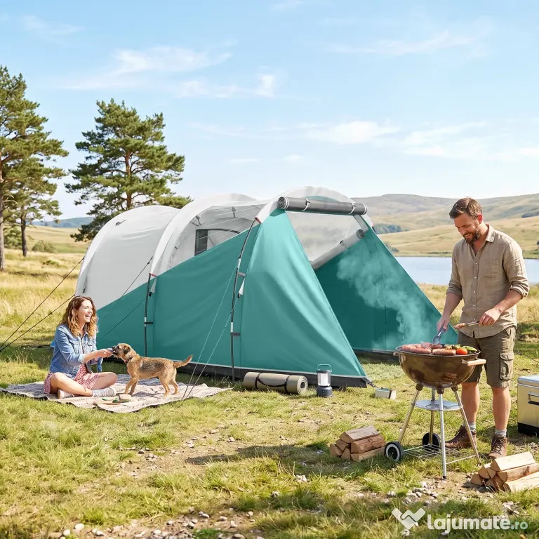 Outsunny Cort de Camping Impermeabil pentru 2-4 Persoane cu Cameră Separată, Cort Tunel cu Geantă de Transport, 460x260x190 cm, Verde | Aosom Romania