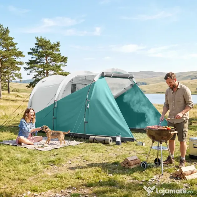 Outsunny Cort de Camping Impermeabil pentru 2-4 Persoane cu Cameră Separată, Cort Tunel cu Geantă de Transport, 460x260x190 cm, Verde | Aosom Romania
