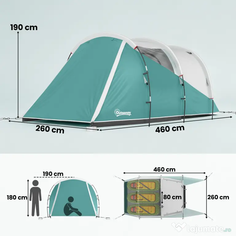 Outsunny Cort de Camping Impermeabil pentru 2-4 Persoane cu Cameră Separată, Cort Tunel cu Geantă de Transport, 460x260x190 cm, Verde | Aosom Romania