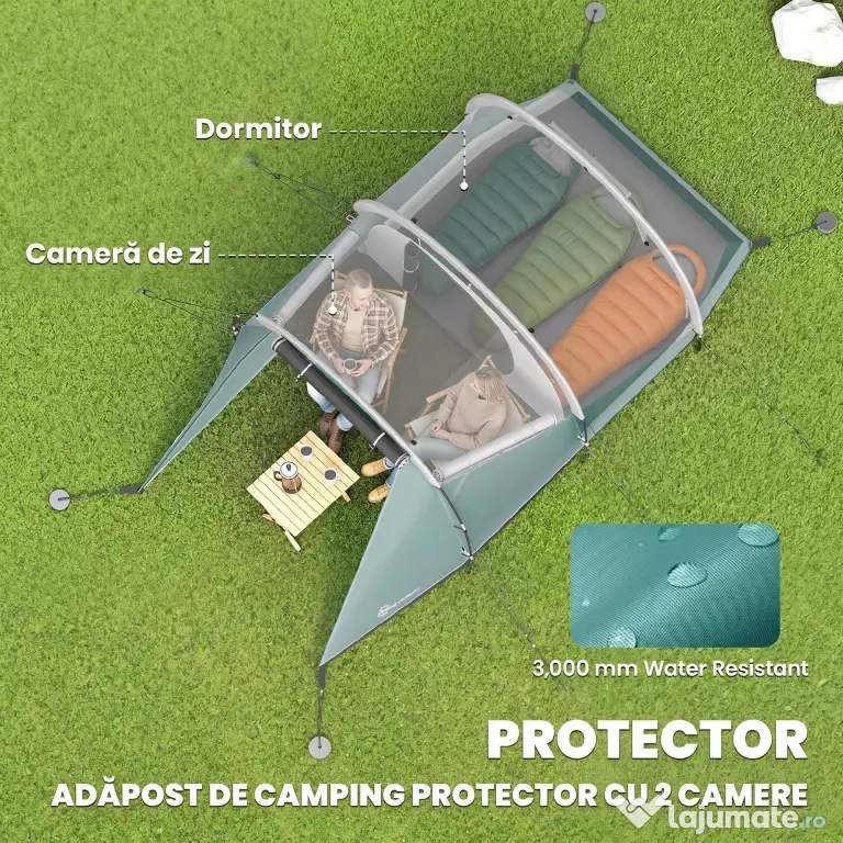 Outsunny Cort de Camping Impermeabil pentru 2-4 Persoane cu Cameră Separată, Cort Tunel cu Geantă de Transport, 460x260x190 cm, Verde | Aosom Romania