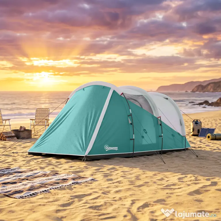 Outsunny Cort de Camping Impermeabil pentru 2-4 Persoane cu Cameră Separată, Cort Tunel cu Geantă de Transport, 460x260x190 cm, Verde | Aosom Romania
