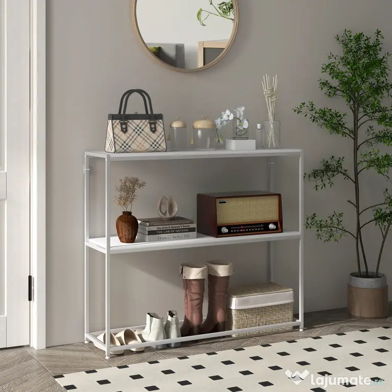 HOMCOM Masă Consolă de Intrare Subțire cu Partea Superioară Deschisă, Dulap Consolă din Oțel și PAL, 100x30x87 cm, Alb | Aosom Romania