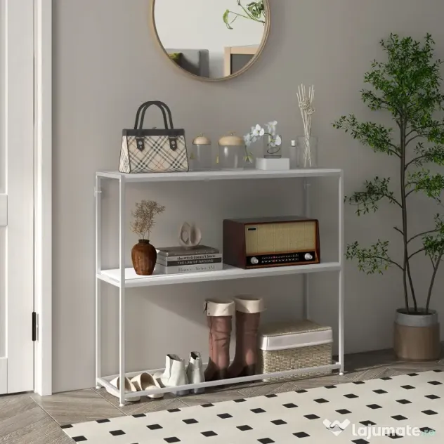 HOMCOM Masă Consolă de Intrare Subțire cu Partea Superioară Deschisă, Dulap Consolă din Oțel și PAL, 100x30x87 cm, Alb | Aosom Romania