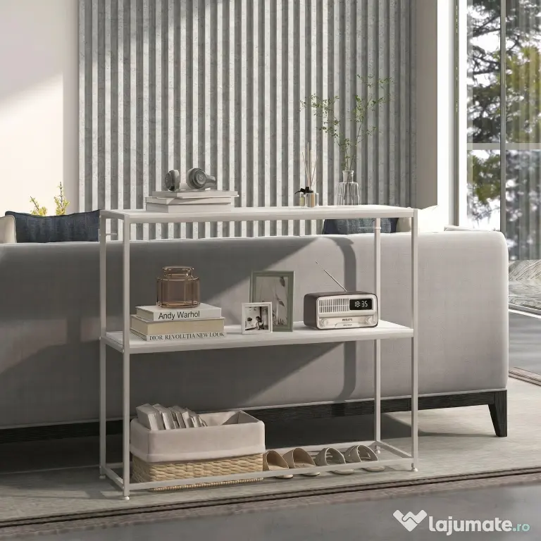 HOMCOM Masă Consolă de Intrare Subțire cu Partea Superioară Deschisă, Dulap Consolă din Oțel și PAL, 100x30x87 cm, Alb | Aosom Romania