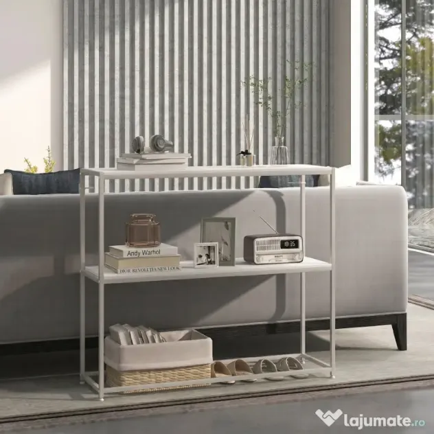 HOMCOM Masă Consolă de Intrare Subțire cu Partea Superioară Deschisă, Dulap Consolă din Oțel și PAL, 100x30x87 cm, Alb | Aosom Romania