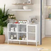 HOMCOM Dulap Modern de Depozitare cu Ușă din Plasă, 4 Compartimente Deschise și Raft Reglabil, 120x37x81.5 cm, Alb | Aosom Romania
