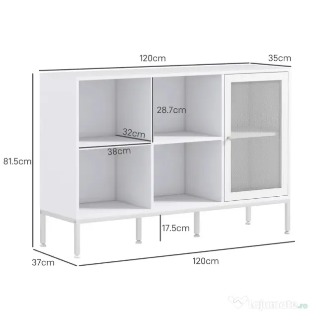 HOMCOM Dulap Modern de Depozitare cu Ușă din Plasă, 4 Compartimente Deschise și Raft Reglabil, 120x37x81.5 cm, Alb | Aosom Romania