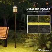Outsunny Set 2 Lămpi Solare cu Autonomie de 6h și Fixare în Sol, din Oțel Inoxidabil și ABS, 23,5x23,5x184 cm, Negru 