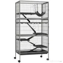 PawHut Colivie pentru Rozătoare cu 4 Intrări Multi-Nivel cu Hamac, Cușcă Metalică & PP, 80x52x159 cm, Argintiu și Negru | Aosom Romania