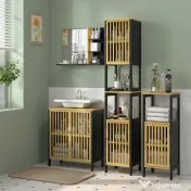 HOMCOM Dulap de Baie Sub Chiuvetă, Dulap de Depozitare, Chiuvetă Bambus, Unitate de Baie cu 2 Uși cu Lamele,  60x30x70 cm, Natural | Aosom Romania 