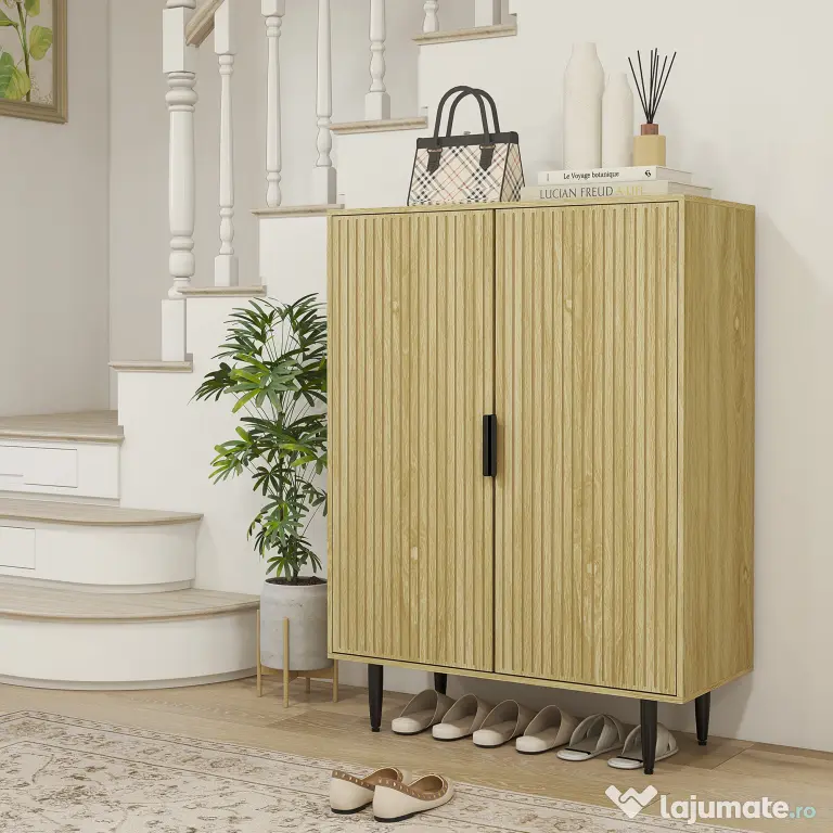 HOMCOM Dulap Pantofi 5 Niveluri cu Rafturi Reglabile, Picioare Metalice, Design Elegant Stejar, Stabil și Sigur, 80x38x110 cm | Aosom Romania
