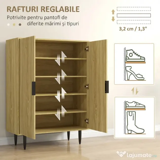 HOMCOM Dulap Pantofi 5 Niveluri cu Rafturi Reglabile, Picioare Metalice, Design Elegant Stejar, Stabil și Sigur, 80x38x110 cm | Aosom Romania
