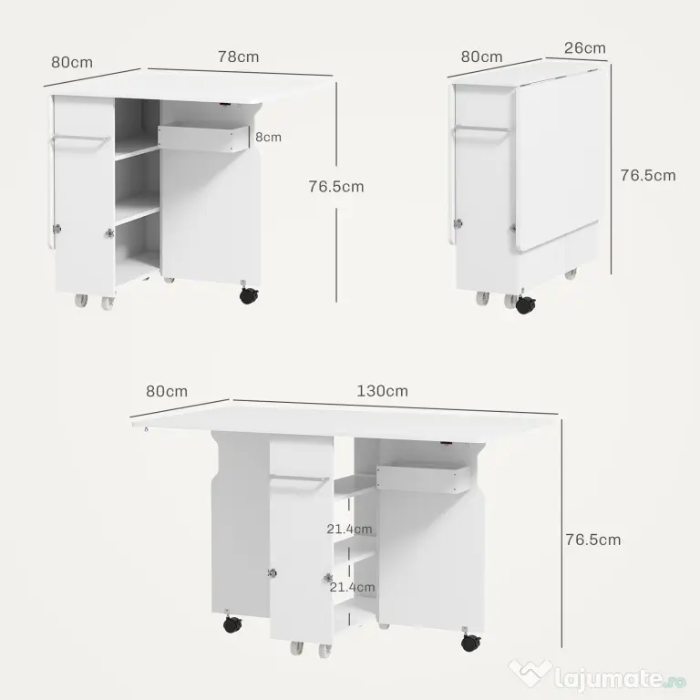 HOMCOM Masă pliabilă cu 2 frunze picătură și spațiu de depozitare, 3 rafturi, pentru 6 persoane, extensibilă, 130x80x76.5 cm | Aosom Romania