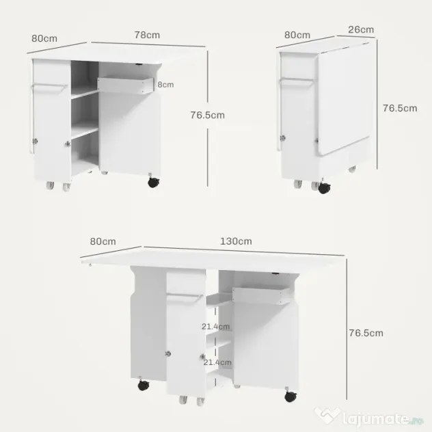 HOMCOM Masă pliabilă cu 2 frunze picătură și spațiu de depozitare, 3 rafturi, pentru 6 persoane, extensibilă, 130x80x76.5 cm | Aosom Romania