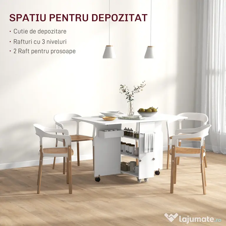 HOMCOM Masă pliabilă cu 2 frunze picătură și spațiu de depozitare, 3 rafturi, pentru 6 persoane, extensibilă, 130x80x76.5 cm | Aosom Romania
